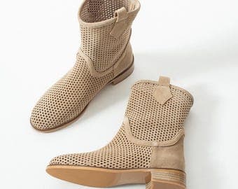 Crown Beige Perforated Leather Ankle Boots, Women's Breathable Summer Booties, Lightweight Casual Chic Style