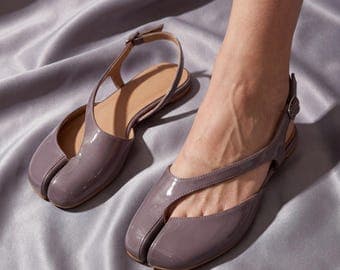 Patent Leather Tabi Sandals – Retro Split Toe Slingback Ballet Flats