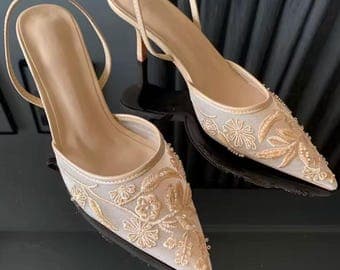 Embroidered Mule Heels | Elegant Pointed Toe, Rhinestone Floral Evening Shoes