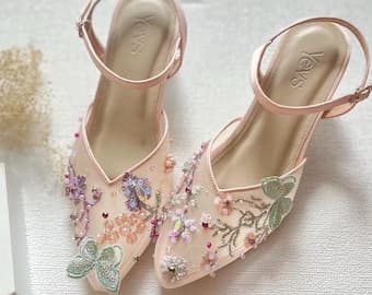 peach fairytale embroidered pointed toe shoe, classy full color princess party flat shoe, cute bridesmaid heel, glass heel statement shoe