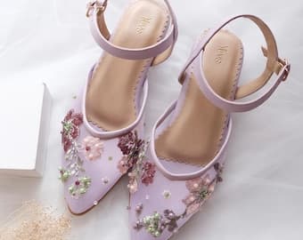 lavender floral embroidery party shoe, elegant lilac wedding guest heel, outdoor party bridesmaid beaded shoe, purple fairytale classy heel