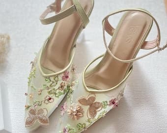 sage green garden party rhinestone embroidered shoe, minimalist elegant crystal bridal heel, vintage beaded formal heel, ankle strap shoe